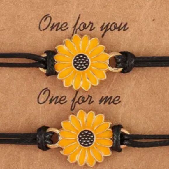 NEW PAIR OF SUNFLOWER CHARM FRIENDSHIP/UNISEX ADJUSTABLE FAUX LEATHER BRACELETS - Picture 7 of 7